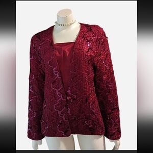 Vintage 80s Jeffrey & Dara Sz 13/14 Burgundy Sequin Embroidered Lace Blazer